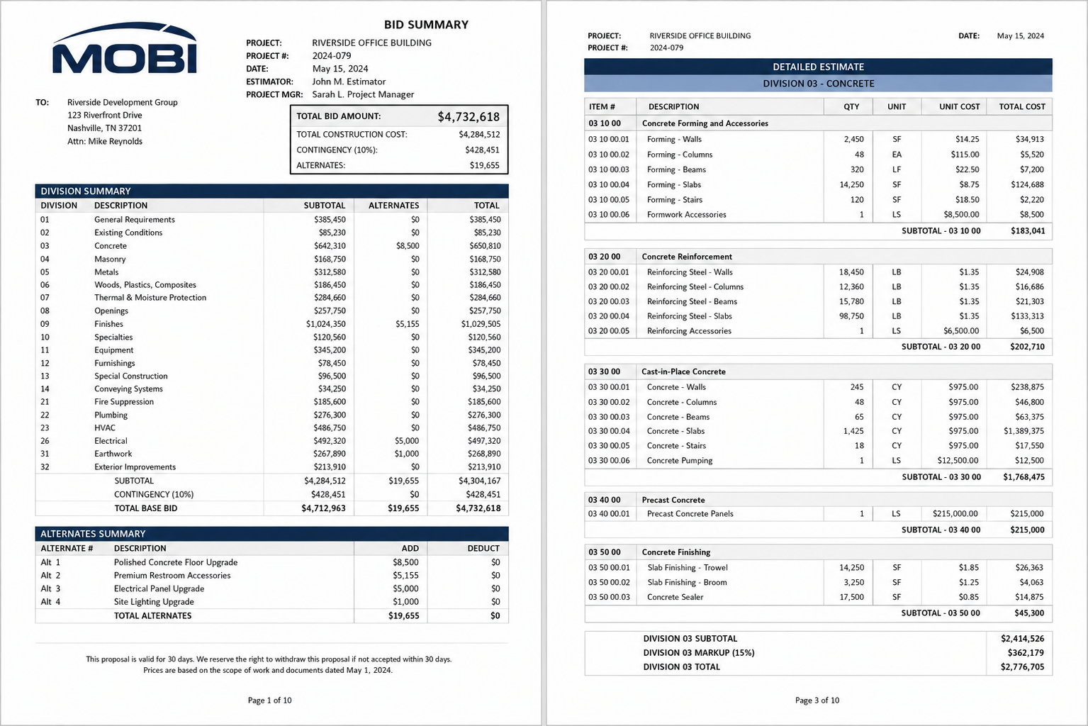 Sample Mobi Estimates construction bid: a branded bid summary showing the total bid amount and a division-by-division cost breakdown, alongside a detailed Division 03 concrete estimate